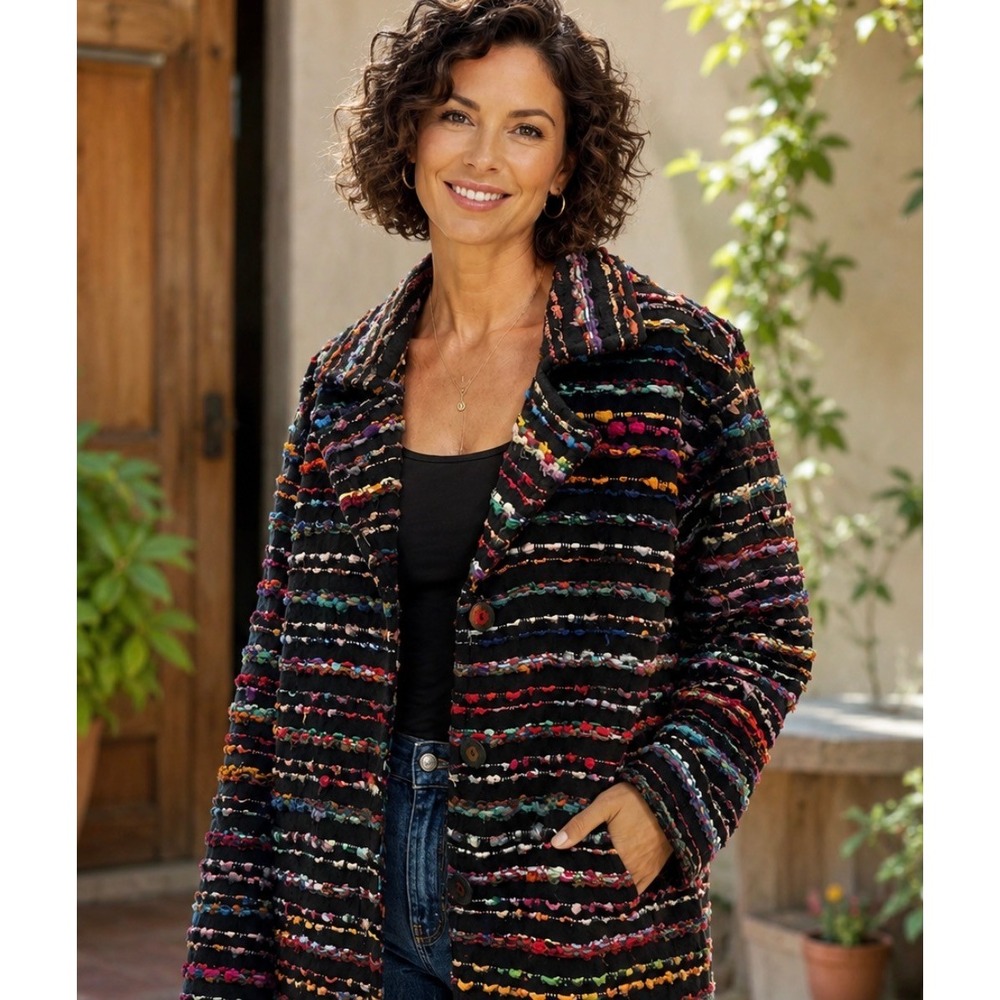 Coldwater Creek Striped Multi-Color Boho Ribbon Knit Textured Jacket Size L